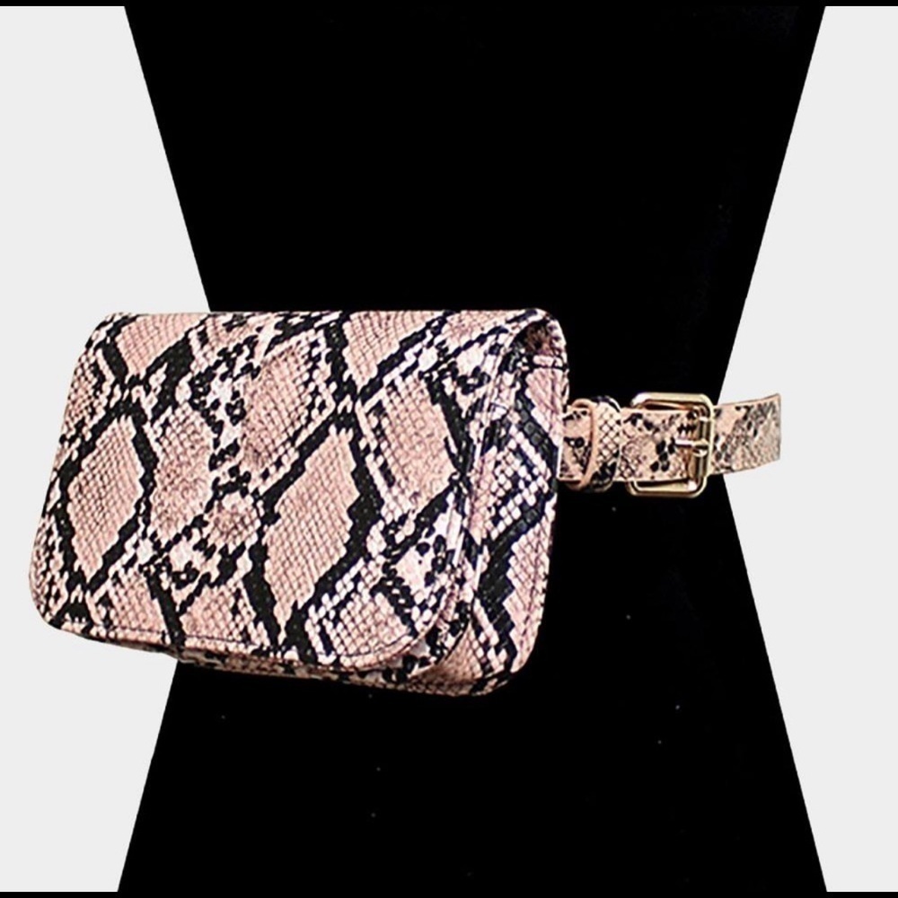 Pink & black Snakeskin Print Small Faux Leather Fanny Pack Waist Clutch Bag